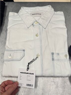 Momotaro Jeans Triple Stitch L/S Denim Shirt, Size XL, Color White / Blue Fade